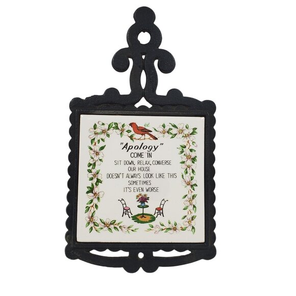 MCM Cast Metal Ceramic Tile Wall Plaque Trivet Vintage Apology Birds Flowers - Picture 1 of 14